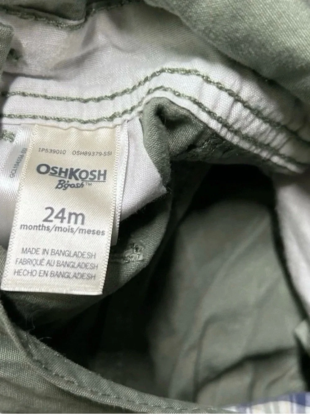 Oshkosh B’gosh Green Khaki Overalls Plaid Lining Size 18-24 Months
